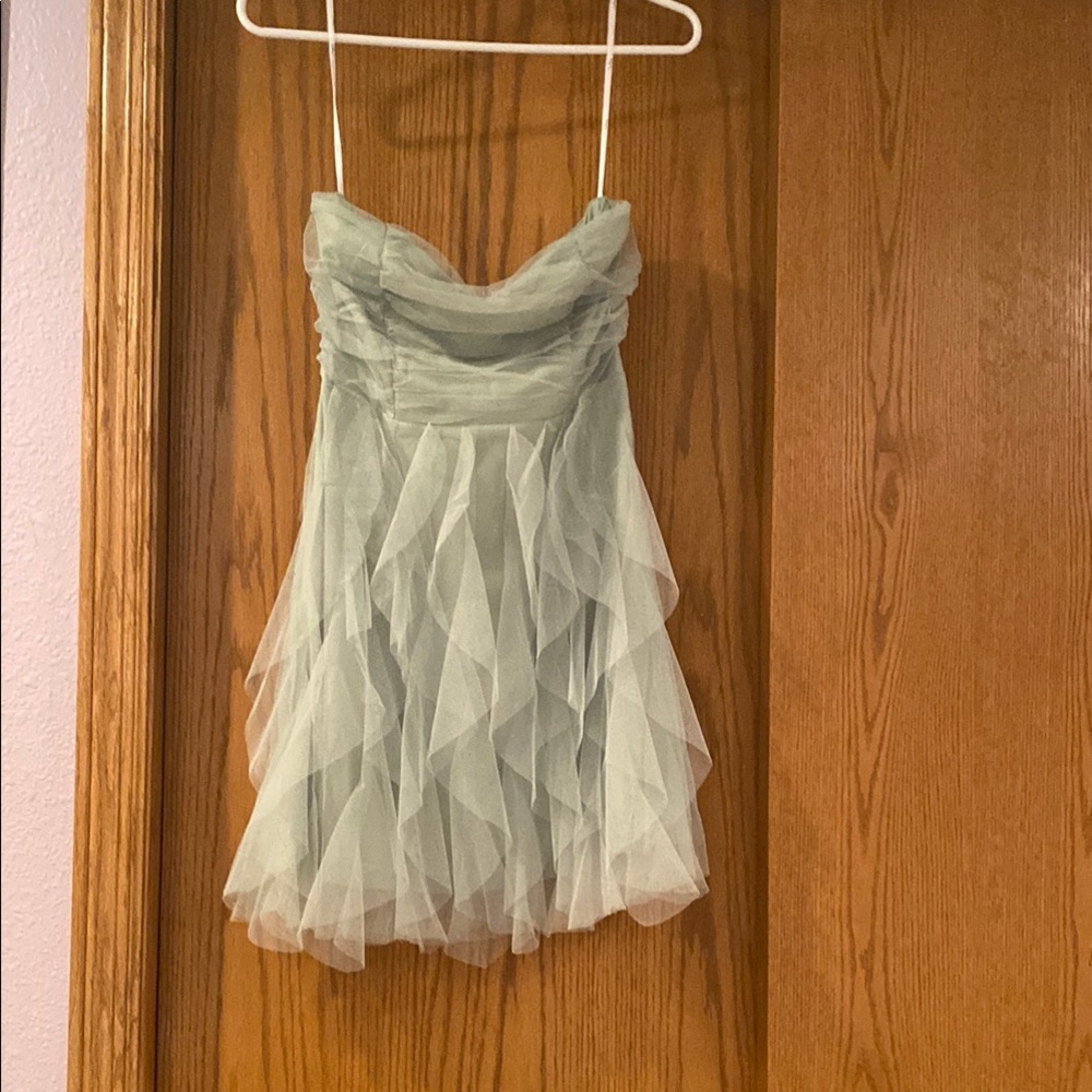 Lulu's Soft Green Strapless Layered Dress.